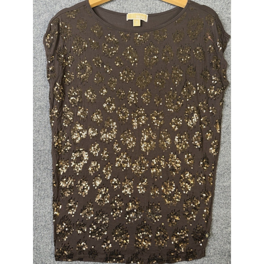 Michael Kors XS Brown Gold Sequin‎ Leopard Print Cap Sleeve Top Women's